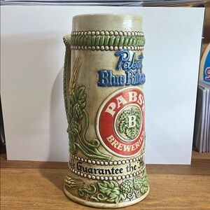Pabst Blue Ribbon Ceramic Stein with Green and Cream Accents